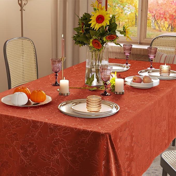 misaya Rectangle Thanksgiving Tablecloth, Waterproof Jacquard Fall Table Cloth, Damask Cloth Table Cover for Harvest Decor (60" x 84", Rust Maple Leaf)