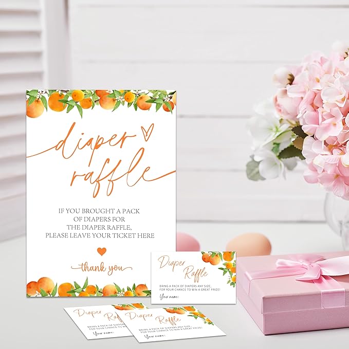 Baby Shower Diaper Raffle Game Set - Watercolor Orange 1 Standing Sign & 50 Diaper Raffel Tickets - Baby Announcement, Gender Reveal Party Activities & Decorations for Boys, Girls - A01