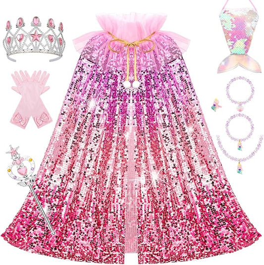 Meland Princess Dress Up for Girls 3-8, 11Pcs Mermaid Cape with Crown, Dress Up Clothes Birthday Gift Toys for Girls Toddlers