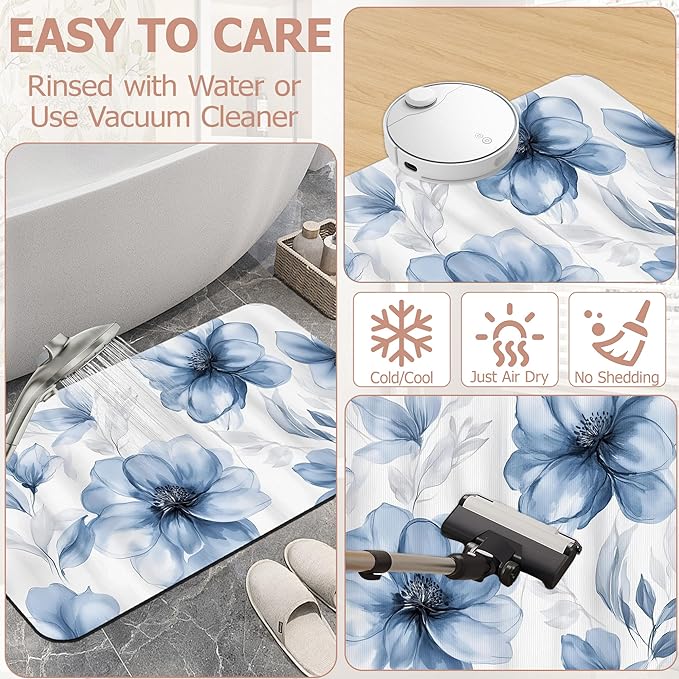 Bath Mat,Blue Gray Watercolor Floral Bathroom Rugs,Quick-Drying Non-Slip Rubber Bath Mats Absorbent Diatomaceous Earth Mat for Bathroom Home Decor 17"x29.5"