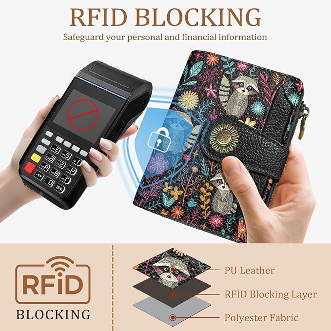 Raccoon Small Wallet Women RFID Blocking Bifold, Cute Credit Card Holder, Zipper Coin Pocket, PU Leather, Compact, Travel, 4 ID Window, 14 Card Slots, Cash Purse, Ladies Woman Female Girls