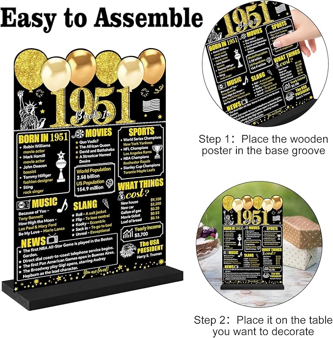 Black Gold 75th Birthday Decorations for Men Women, Two-Sided Vintage 75 Back in 1951 Theme Poster Wooden Table Sign with Stand, 75 Years Old Bday Centerpieces Holder for Table Decor