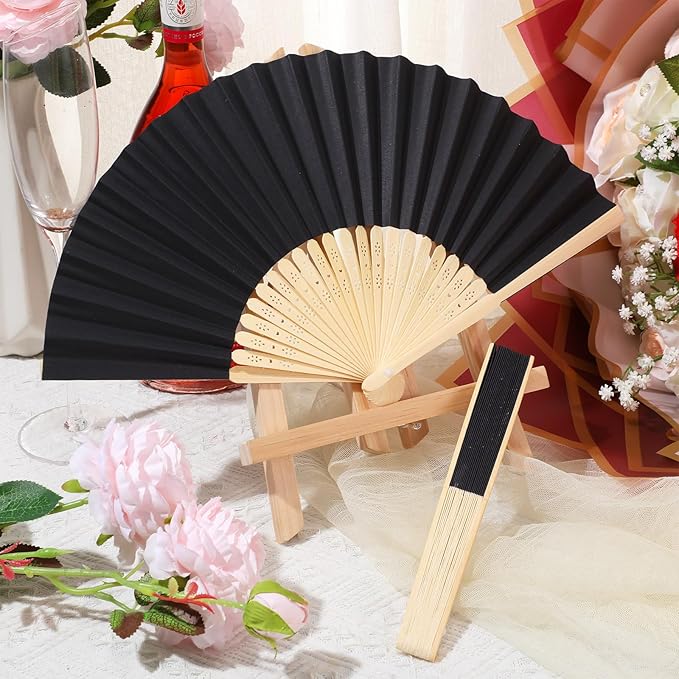 Yinkin 300 Pack Folding Fans Bamboo Handheld Folded Craft Hand Japanese Chinese Fans for Weddings Bridal Dancing Church DIY Decoration Women Gift Party Favors (Black)