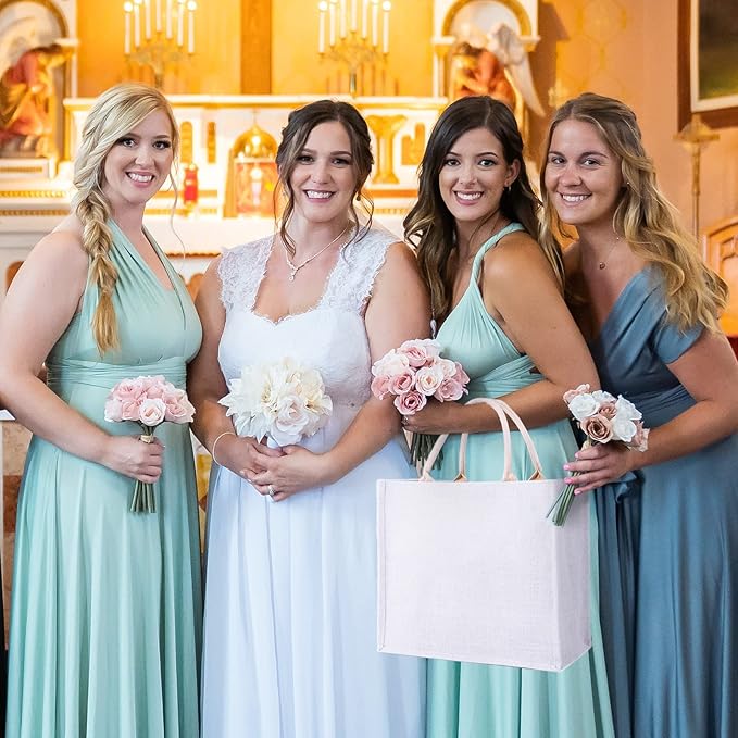 Segarty Tote Bags, 6 Pack Medium White Burlap Jute Reusable Gift Favors Bag Blank Tote with Handles Bulk for Bridesmaid Wedding, Women Market Grocery Shopping, Bachelorette Party, Beach Trip, DIY