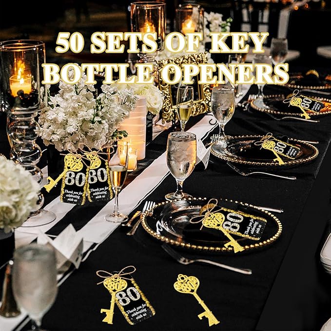 50Pcs 80th Gold Key Bottle Opener 80th Birthday Party Favors,80th Anniversary Souvenirs Return Gifts,Beer Keychain Bottle Openers With Thank You Cards For Party Birthday Wedding Shower Supplies