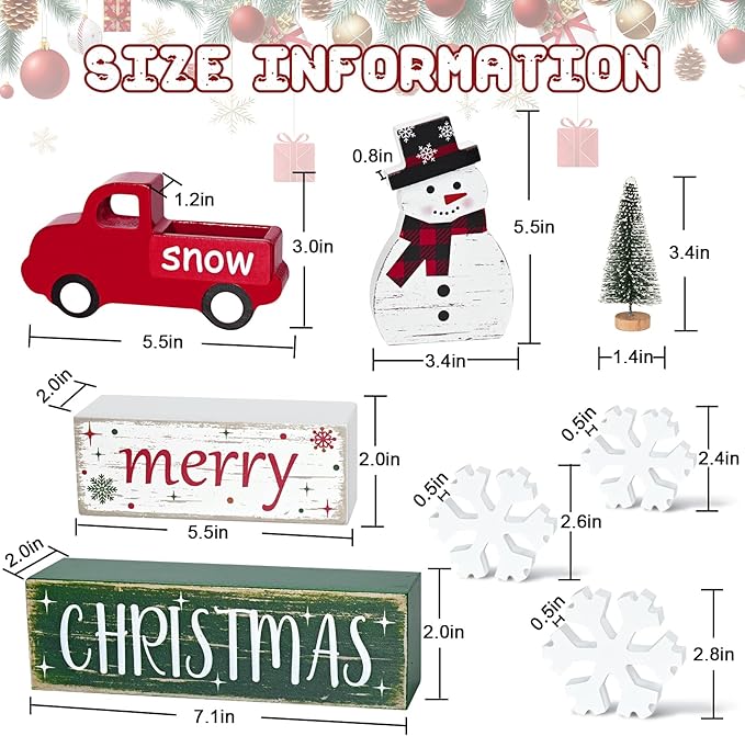 Yinhua Christmas Decorations Indoor, Christmas Table Decor, Red Truck Snowman Decorations with Xmas Tree & Snowflakes, Farmhouse Wooden Block Sign, Xmas Mantel Decor for Tiered Tray, Desk, Bookshelf