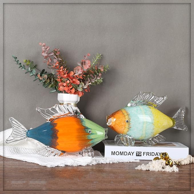 Colorful Glass Fish Sculpture, Hand Blown Fish Glass Figurine, Birthday Gift for Marine Animal Series, Desk Glass Paperweight (AE-3)