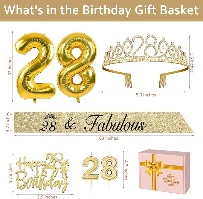 28th Birthday Decorations for Women Gold with Tiara, Sash, Cake Topper, Candles, Balloons, 28th Birthday Gifts for Women