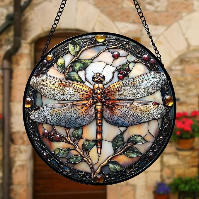Stained Glass Window Hanging - Dragonfly Plant Suncatcher Ready to Hang Window Doors Home Decoration, Christmas, Mother's Day Birthday Gifts for Women, Men, and Mom 9.8x9.8 in