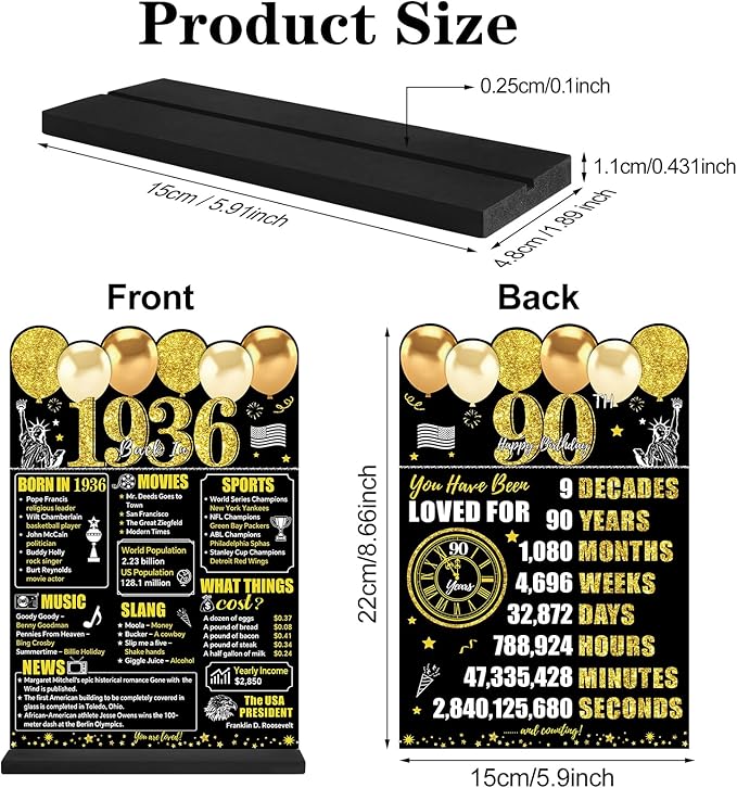 Black Gold 90th Birthday Decorations for Men Women, Two-Sided Vintage 90 Back in 1936 Theme Poster Wooden Table Sign with Stand, Ninety Years Old Bday Centerpieces Holder for Table Decor