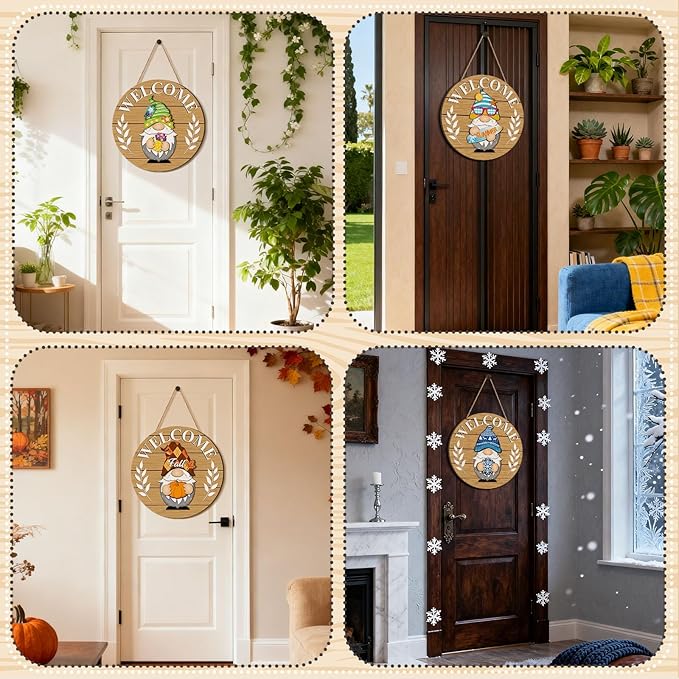 Qunclay Interchangeable Wooden Gnome Decor Holiday Seasonal Gnome Decorations with Magnet Pieces and Detachable Hats Changeable Welcome Sign for Home(Tawny)