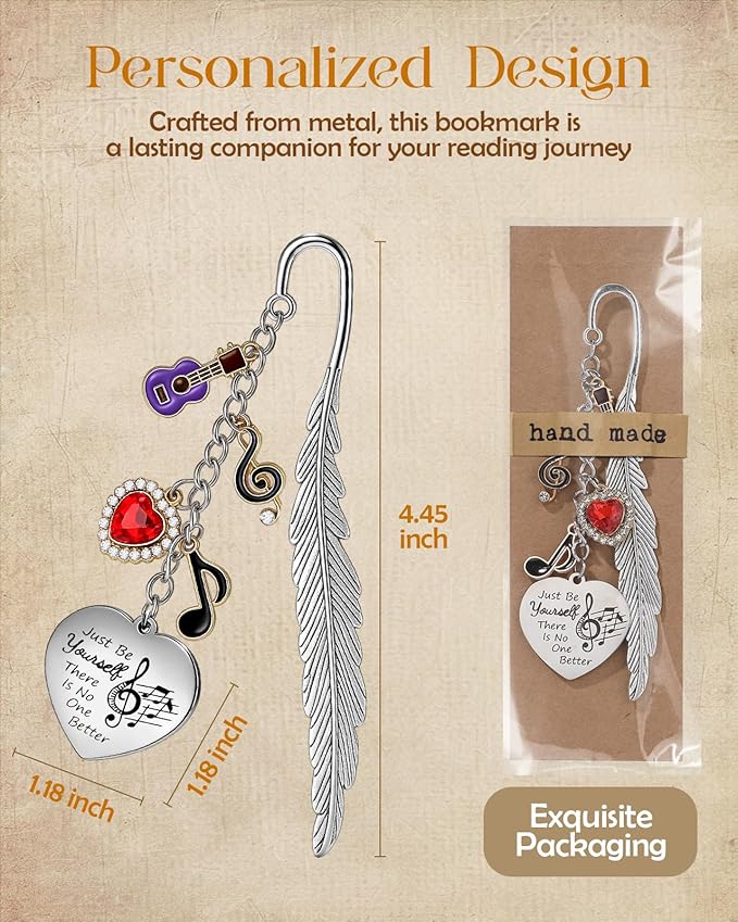 Buleens Bookmarks for Women Reading - Book Marks for Readers Book Lovers, Feather Music Guitar Purple Personalized Metal Bookmark with Pendants, Pretty and Aesthetic Book Accessories Reading Gifts