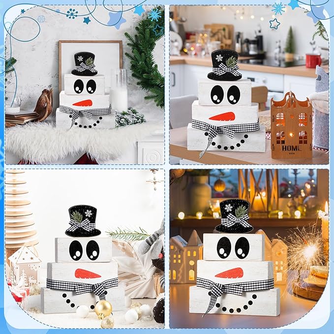 4 Pcs Winter Table Decoration Wooden Snowman Decor Black and White Winter Tiered Tray Decor Rustic Snowman Face Wood Block Sign Gift Christmas Centerpiece Farmhouse for Wonderland Home
