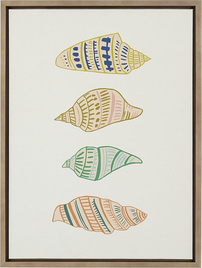 Kate and Laurel x Alicia Schultz Collaboration Ocean Treasures Framed Linen Textured Canvas Wall Art, 18x24 Gold, Decorative Coastal Shell Art for Wall