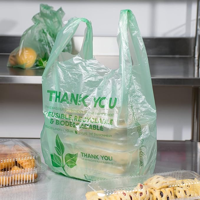 KitchenDine Eco Green Plastic Bags - 100 Count Biodegradable Shopping Bags-Thank You - 22" x 12" Carry Out Bag. (100)