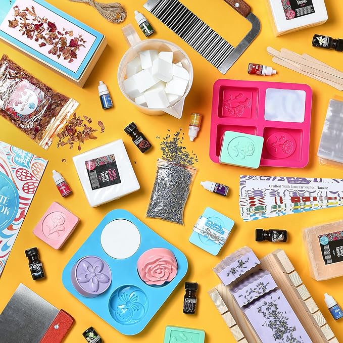 Soap Making Kit with Melt & Pour Base, Cutting Box, Molds, Fragrances - for Adults & Kids by Prime Creations.