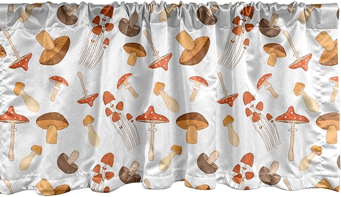 Ambesonne Autumn Window Valance, Colorful Mushroom Pattern Woodland Illustration Fall Season Romance, Curtain Valance for Kitchen Bedroom Decor with Rod Pocket, 42" x 12", Brown
