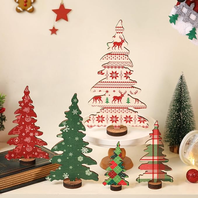 5 Pcs Wooden Christmas Tree Tabletop Decorations, Small Christmas Tree Set for Table Mantel Shelf Office Decor, Xmas Tiered Tray Decor, Xmas Tabletop Decoration