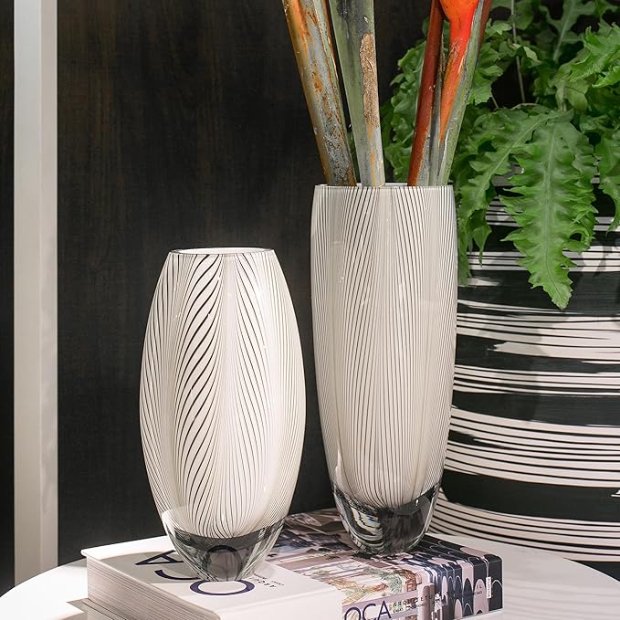 Ca D Oro Glass Vase White Feather Pattern Hand Blown Murano-Style Art Glass - Model 54 MS