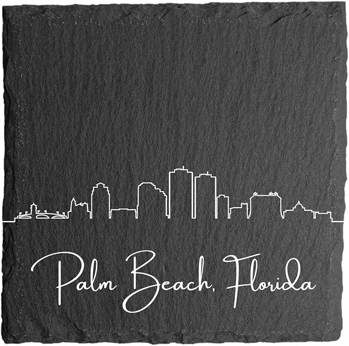 Blue Ridge Mountain Gifts - Palm Beach FL Skyline Coasters, Set of 4 - Palm Beach Florida Souvenir, Slate Coasters with Minimalist Skyline, Housewarming Gift for Friends, Family, & Neighbors