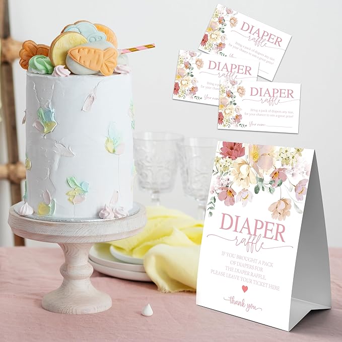 Floral Baby Shower Diaper Raffle Game Set - Watercolor Flowers 1 Standing Sign & 50 Diaper Raffel Tickets - Baby Announcement, Gender Reveal Party Activities & Decorations for Boys, Girls - A02