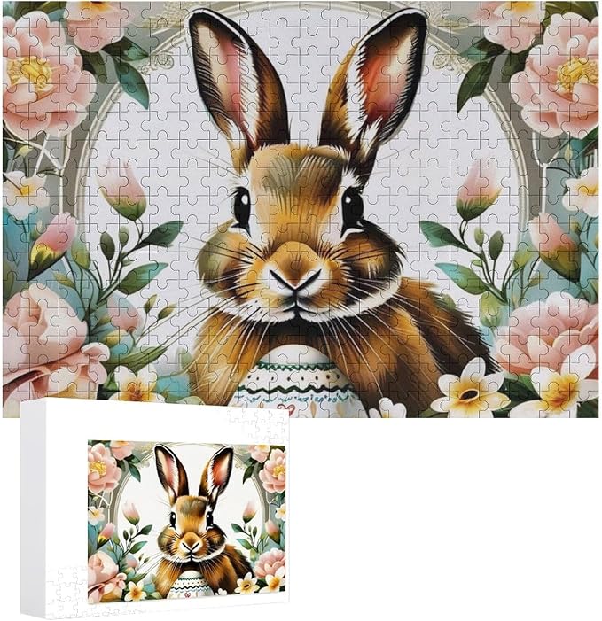 Wooden Puzzle - Easter Bunny with Flower Easter Egg Jigsaw Puzzles，Wooden Puzzles for Adults 300 Pieces Challenge Puzzles，Educational Games，Family Puzzles，Unique Gifts for Wall Art