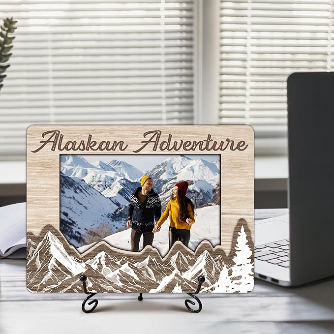 Alaska Adventure Photo Frame, Wooden Picture Frame with Stand, Alaska Vacation Friendship Gifts for Friends Family, 5 x 8 Picture Frame Gifts for Couple BFF, Home Office Desk Holiday Decorations-A01