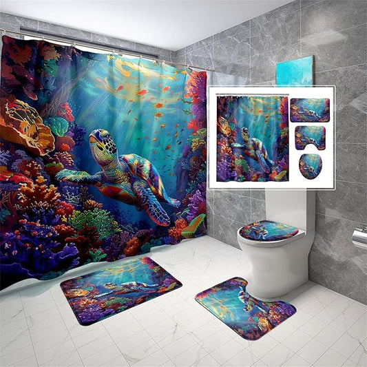 4 Pcs Ocean Themed Shower Curtain - Sea Turtle Shower Curtain Set Ocean Shower Curtain for Bathroom Sea Turtle Shower Curtain Set with Rug,Toilet Cover and Bath Mat with 12 Hooks