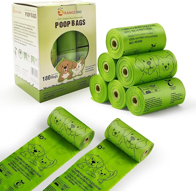 OrangeBio Dog Poop Bags, 100% Certified Home Compostable, 13 x 9 Inches - 180 Count (15 Bags per Roll, 12 Rolls), OK Compost Home