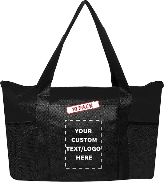 DISCOUNT PROMOS 10 Zippered Non-Woven Tote Bags Set - Customizable Text, Logo - Mesh Pocket, Zippered, Recyclable, Reusable - Black - 19"X14"X3", with Zipper