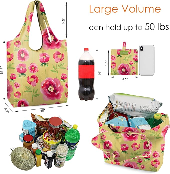 BeeGreen Flowers Reusable Grocery Bags Reusable Kitchen Bags Bulk Foldable-Machine Washable with Zipper Storage Pouch 6 Packs