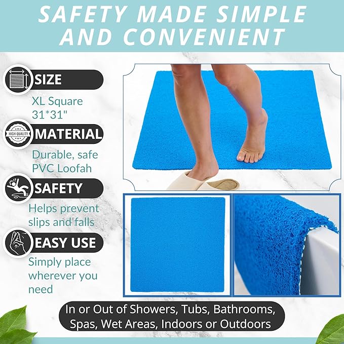 Square Shower Mat - Non Slip Shower Mats for Inside Shower - Extra Large 31x31 Shower Floor Mat Non Slip - Square Bath Mat for Shower - Secure Anti Slip Loofah Shower Bath Mat (31x31 Blue)