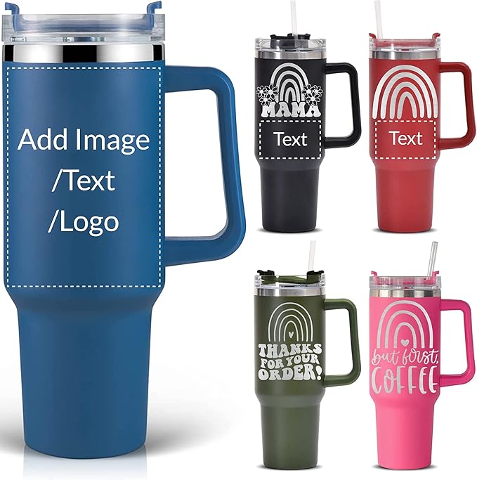 Personalized Tumbler With Handle-Custom 40oz Travel Cup With Lid And Straw-Laser Engraved With Name,Logo,Text,Image-Personalized Gifts For Mom,Dad,Birthday
