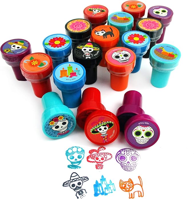 TINYMILLS Day of The Dead Stamp Set – 24 Pcs Self-Inking Stamper Kit with Sugar Skull & Floral Designs Día de Los Muertos Party Favors, Classroom Prizes, Non-Candy Goodie Bag Fillers
