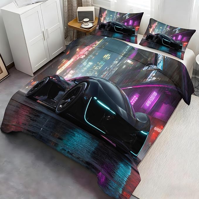 Supercar Duvet Cover Oversized King Sports Car Bedding Set Sci-Fi Racing Car Comforter Set Neon Cityscape Quilt Cover with Zipper Ties for Bedroom