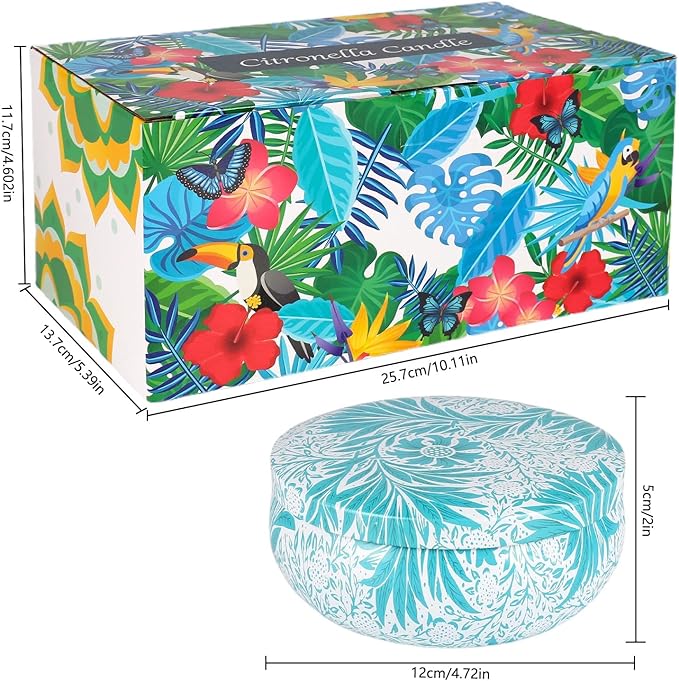 4-Pack Citronella Candle Set in Decorative Tropical Flower Tin Boxes - 3-Wick Functional Decorative Candles for Indoor & Outdoor Use - Perfect for Camping, Travel, BBQ, Picnics, and Mother's Day Gift