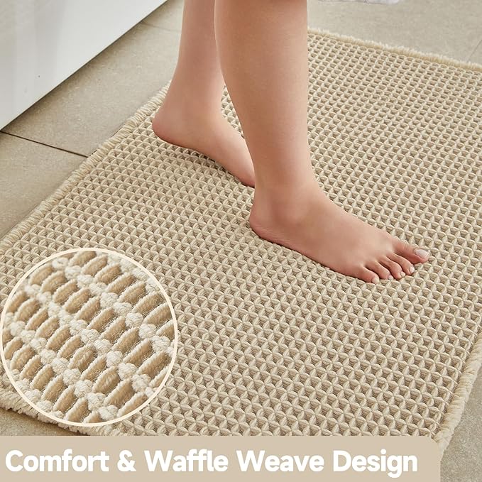 Pale Beige Bathroom Rug, Waffle Bath Mat Non Slip Washable Super Absorbent Quick Dry Boho Farmhouse Bathroom Decor, 30''x20'' / 1'8" x 2'6" Pale Beige