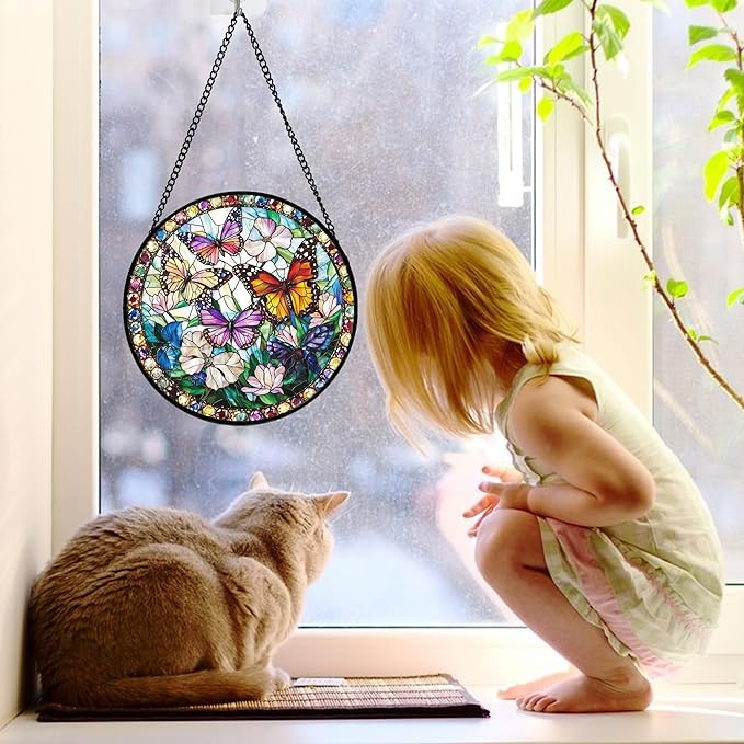 Stained Glass Window Hanging, Colorful Butterfly Suncatcher for Doors Home Sun Catchers Decoration and Christmas, Mother's Day Birthday Gifts for Women, Men, and Mom 6.3 in