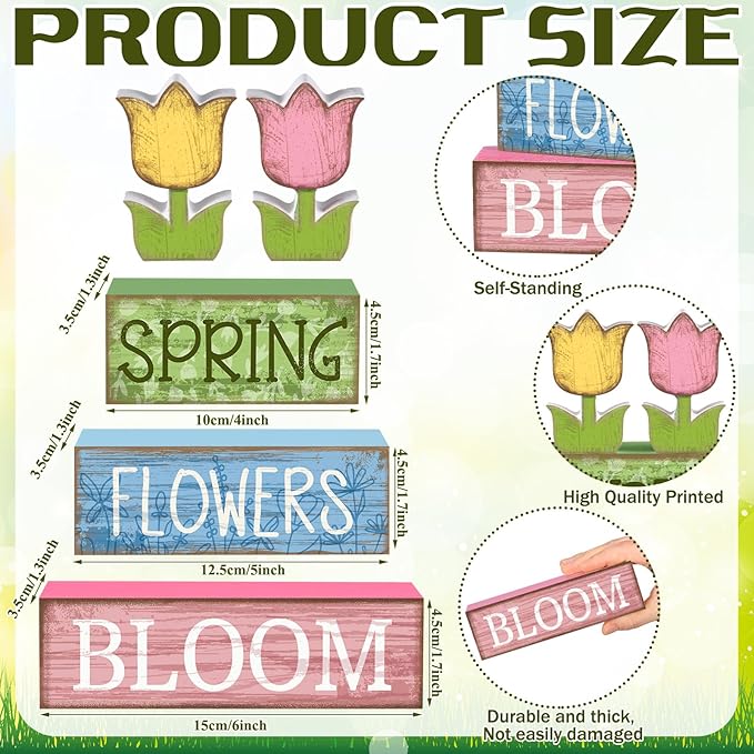 4 Pcs Spring Table Decor Wooden Tulip Spring Tiered Tray Decor Flowers Table Centerpiece Decorative Colorful Tulip Block Signs Gift Farmhouse Flowers Decoration for Home Kitchen Shelf