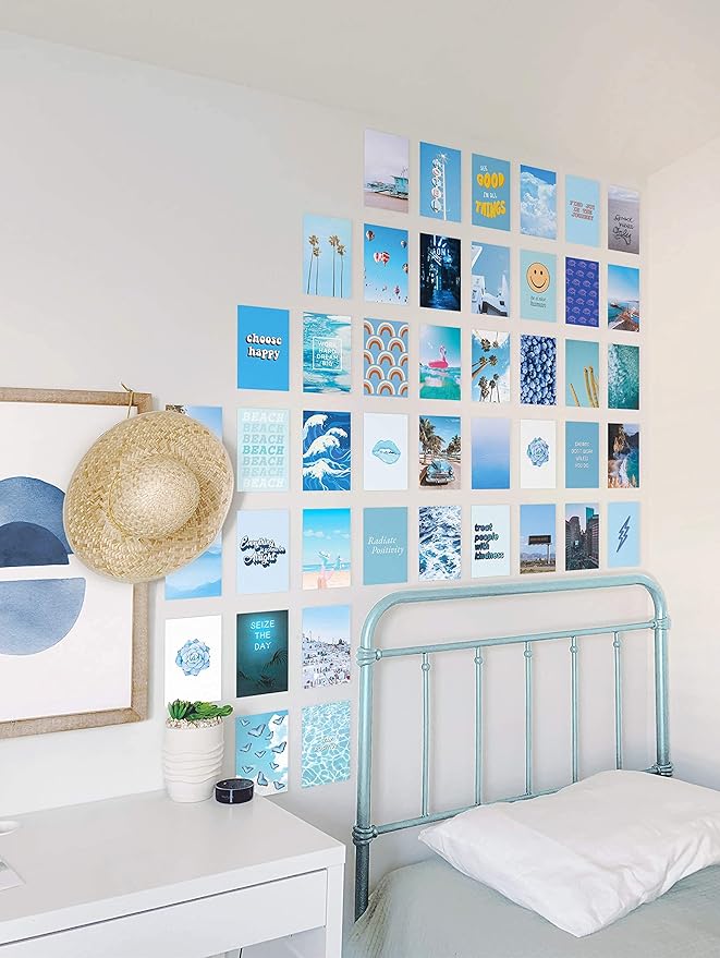 HAUS AND HUES Blue Photo Collage Kit for Wall Aesthetic Décor Beach Aesthetic Posters & Aesthetic Pictures | Aesthetic Blue College Room Decor (Set of 50)