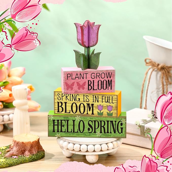 4 Pcs Spring Table Decorations Tulip Flower Wooden Signs Spring Tiered Tray Decor Wooden Tulip Block Signs Pastel Flower Table Centerpieces Decor for Home Kitchen Shelf Office