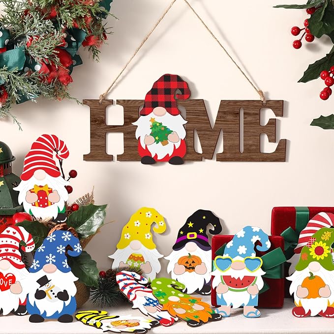 Yookeer 13 Pcs Interchangeable Gnome Home Sign Wood 3D Christmas Winter Seasonal Door Decor Rustic Farmhouse Home Decoration for Holiday Wall Decor Gift(Dark Brown)