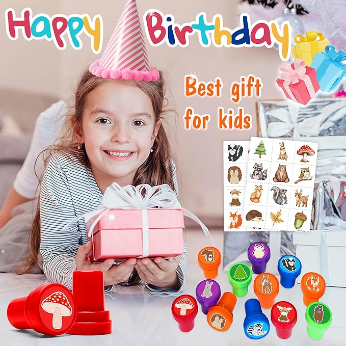 36PCS Woodland Animal Party Favors - 24PCS Pre-Cut Temporary Tattoos & 12PCS Stamps - Ideal Forest Themed Birthday Card Decorations Supplies Goodie Bag Baby Shower Kids Gifts Classroom Rewards Prizes