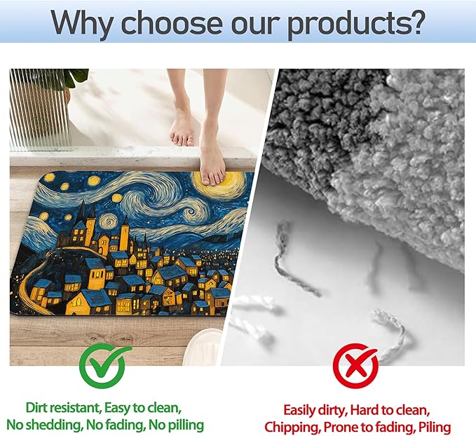 Bathroom Rug 29.5"x17",Night Sky Village Bath Mat with Non-Slip Rubber Backing, Quick-Drying Absorbent Thin Floor Mat for Bathroom, Shower, Sink, or Kitchen