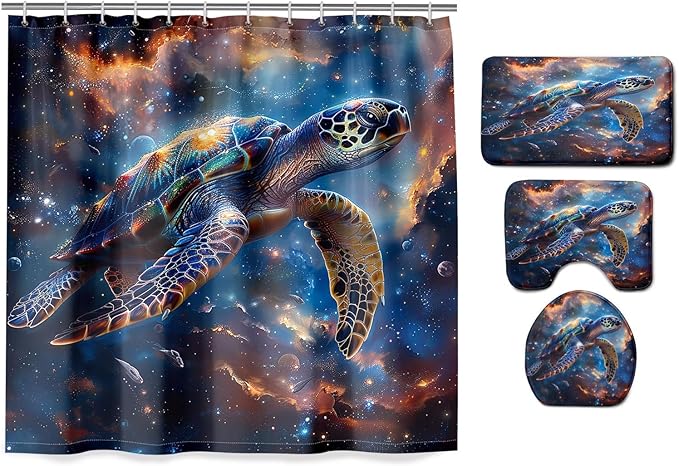 4 Pcs Sea Turtle Shower Curtain Set - Kids Bathroom Set Ocean Shower Curtains Turtle Shower Curtains for Bathroom Shower Curtain Set with Rug,Toilet Cover and Bath Mat with 12 Hooks