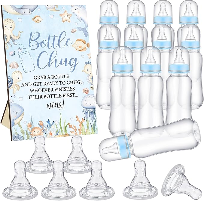 TrelaCo Cool Baby Shower Games Bottle Chug Sign and 12 Pcs Baby Bottle Shower Favor Bottles for Gender Reveal Games (Blue, Under the Sea)