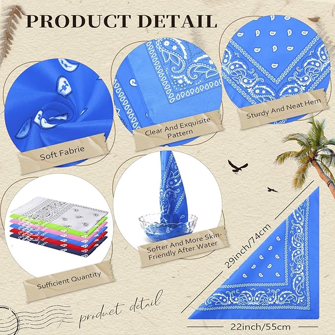 Blulu 6 Pcs Neon Color Cowboy Bandanas for Men Women Assorted Paisley Pattern Handkerchiefs 22 x 22 Inch Kids Headwrap Scarfs