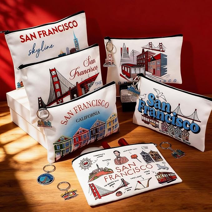 Landical 6 Sets San Francisco Souvenir Gifts Include 6 Pcs San Francisco Cosmetic Bag and 6 Pcs Metal Keychain for Women Traveler Christmas Gifts