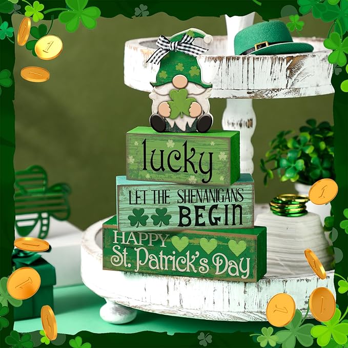 4 Pcs St. Patrick's Day Table Decoration Irish Tiered Tray Decor Wooden Gnome Shamrocks Block Signs Happy St. Patrick's Day Centerpiece for Tables Irish Wooden Sign for Home Decor