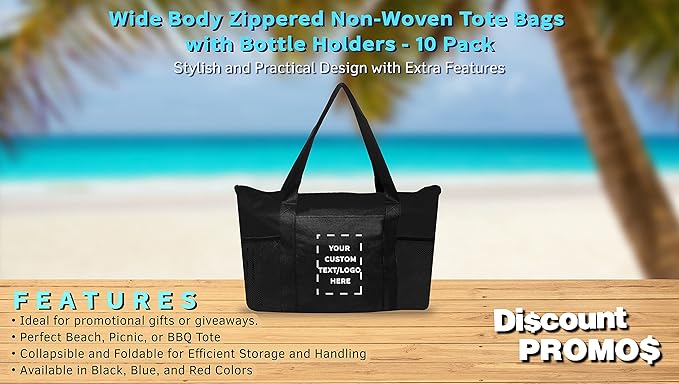 DISCOUNT PROMOS 10 Zippered Non-Woven Tote Bags Set - Customizable Text, Logo - Mesh Pocket, Zippered, Recyclable, Reusable - Black - 19"X14"X3", with Zipper